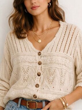 306.Cream Button-Front Crochet Knit Cardigan Sweater